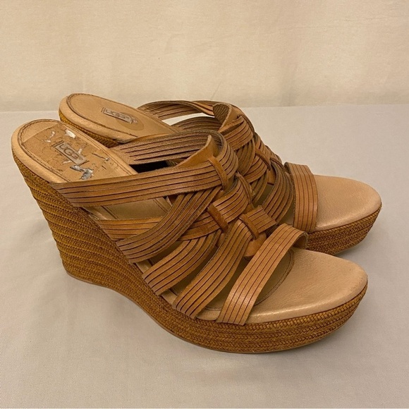 UGG Melinda Strappy Platform Sandals Slip On Wedges Tan Leather Size 11 - Picture 3 of 13